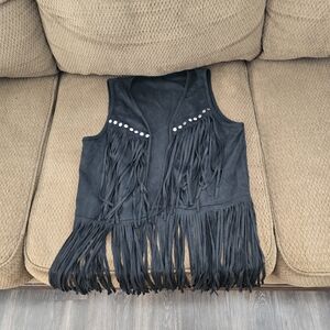 Black Fringe Vest with Stud Accents